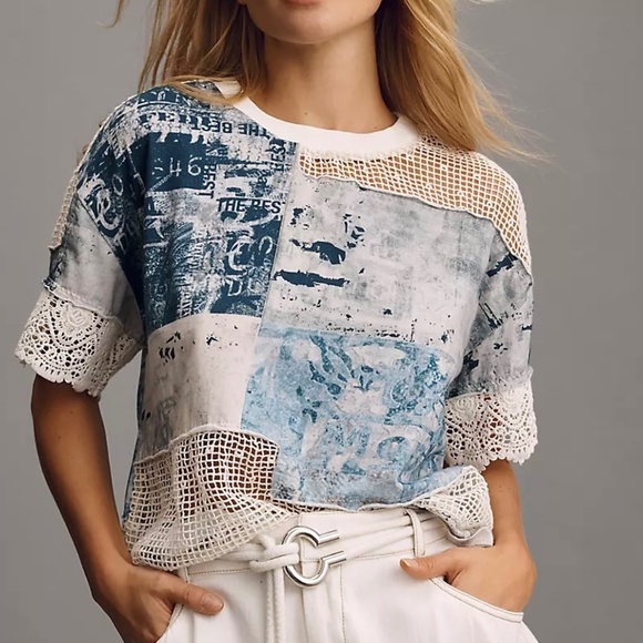 Pilcro Tops - Anthropologie Pilcro Mixed Media Torn Lace Tee Blouse Short Sleeve Top Boho